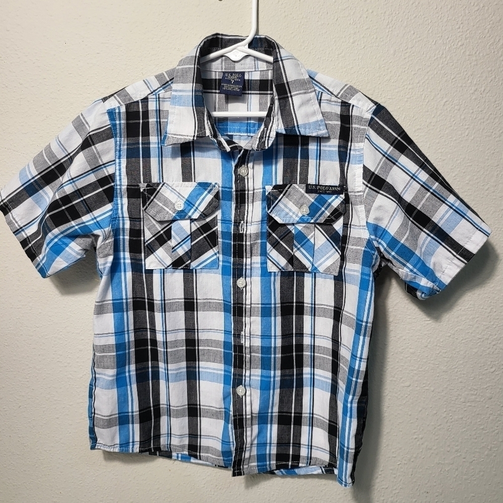 US Polo Boys Blue and Black Plaid Shirt - Picture 1 of 6